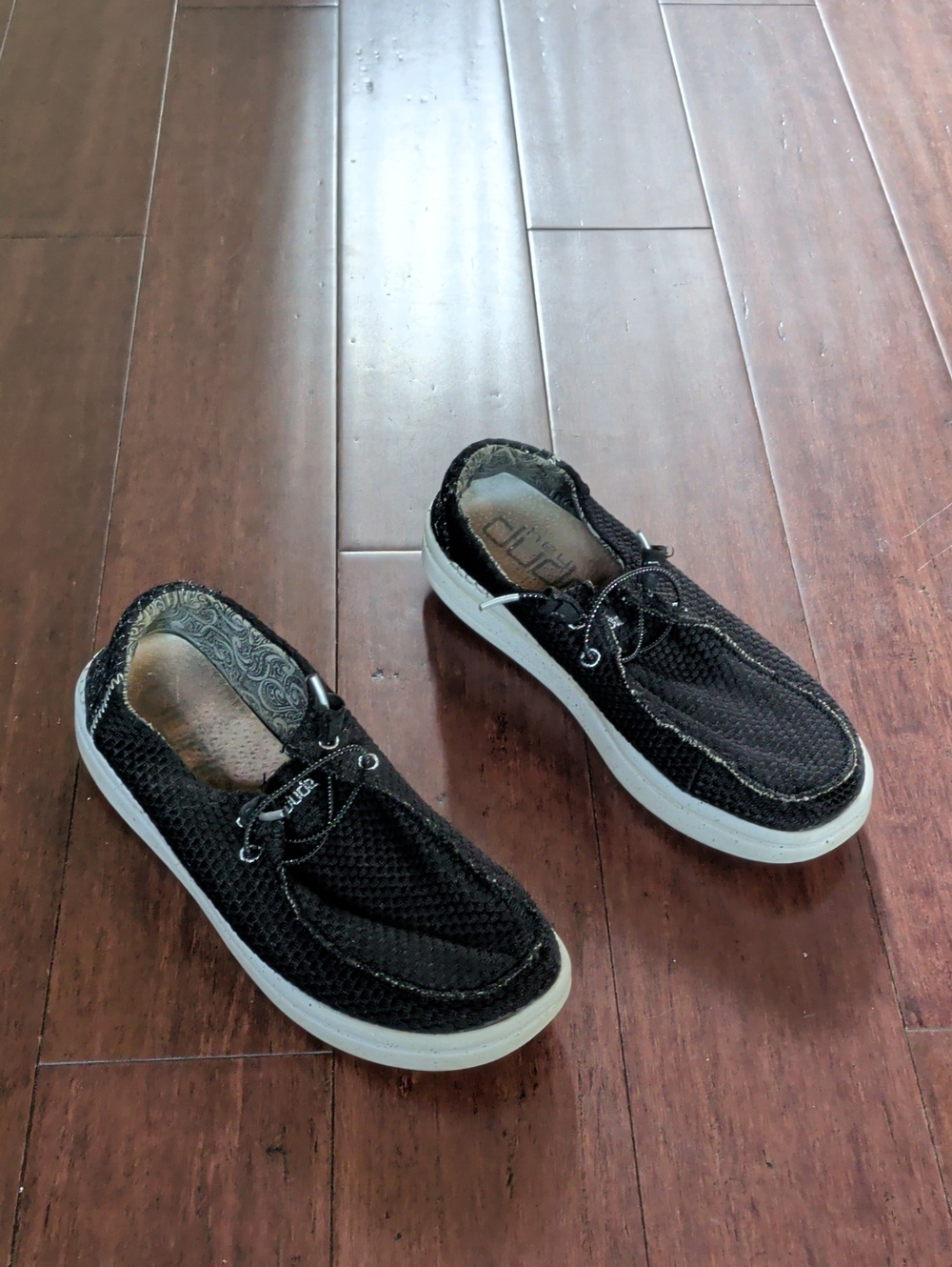Hey Dude Mens Black Mesh Slip-On Loafers with White Sole